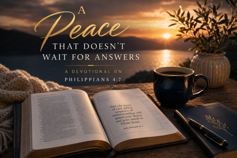 A peace that doesn't wait for answers - Philippians 4:7 open in a Bible at sunset