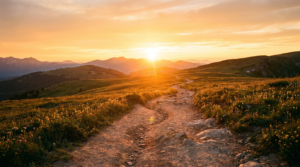 Mountain path leading toward a bright sunrise