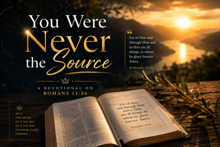 You Were Never the Source - Romans 11:36 open in a Bible at sunset over a river